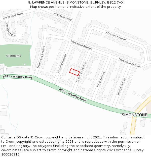 8, LAWRENCE AVENUE, SIMONSTONE, BURNLEY, BB12 7HX: Location map and indicative extent of plot