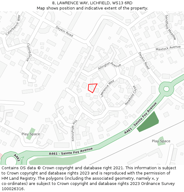 8, LAWRENCE WAY, LICHFIELD, WS13 6RD: Location map and indicative extent of plot