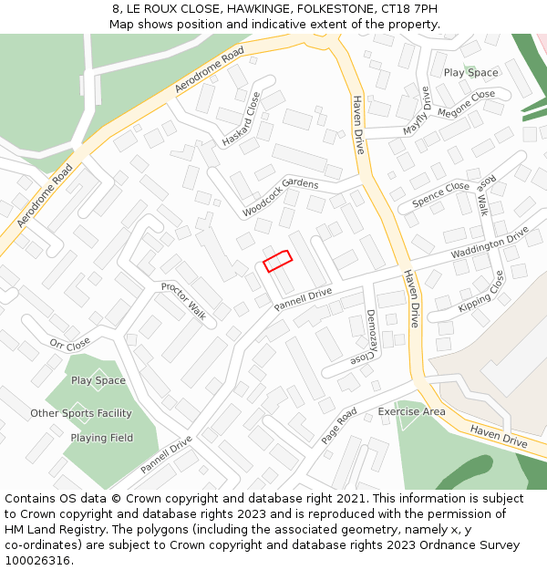 8, LE ROUX CLOSE, HAWKINGE, FOLKESTONE, CT18 7PH: Location map and indicative extent of plot