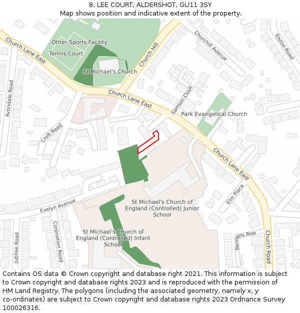 8, LEE COURT, ALDERSHOT, GU11 3SY: Location map and indicative extent of plot