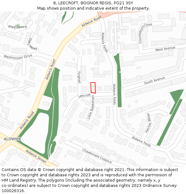 8, LEECROFT, BOGNOR REGIS, PO21 3SY: Location map and indicative extent of plot