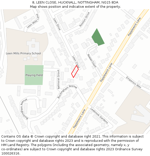 8, LEEN CLOSE, HUCKNALL, NOTTINGHAM, NG15 8DA: Location map and indicative extent of plot