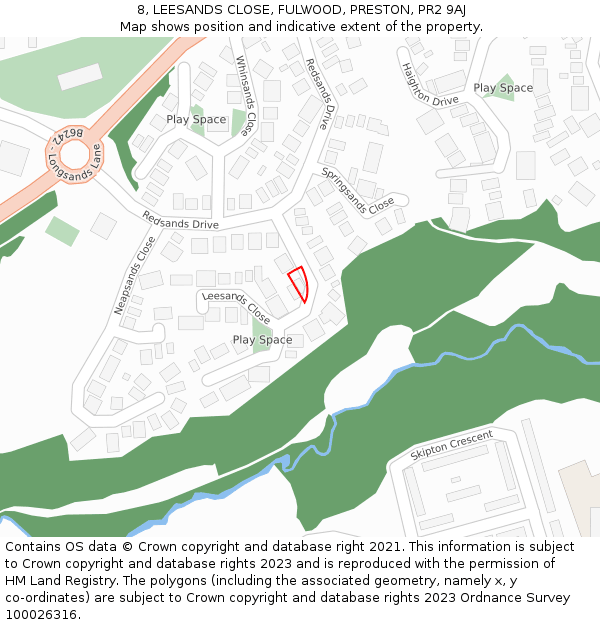 8, LEESANDS CLOSE, FULWOOD, PRESTON, PR2 9AJ: Location map and indicative extent of plot