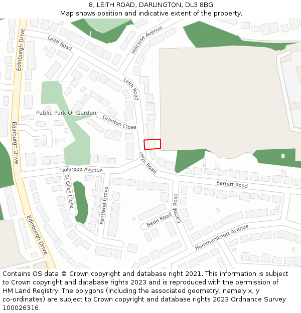 8, LEITH ROAD, DARLINGTON, DL3 8BG: Location map and indicative extent of plot