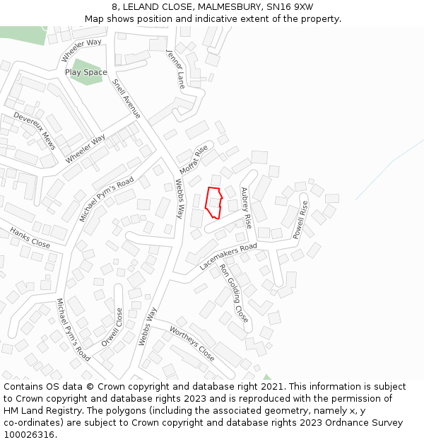 8, LELAND CLOSE, MALMESBURY, SN16 9XW: Location map and indicative extent of plot