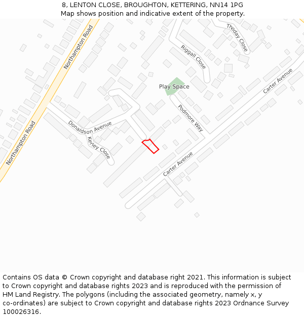 8, LENTON CLOSE, BROUGHTON, KETTERING, NN14 1PG: Location map and indicative extent of plot