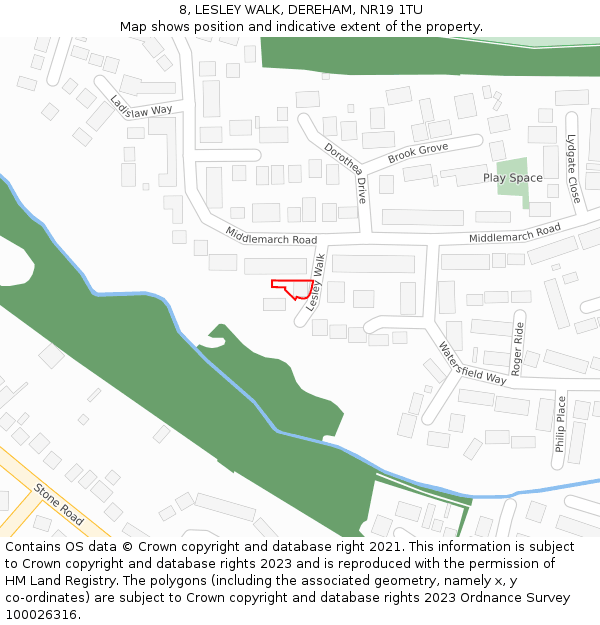 8, LESLEY WALK, DEREHAM, NR19 1TU: Location map and indicative extent of plot