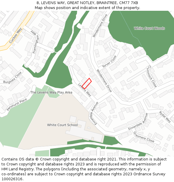 8, LEVENS WAY, GREAT NOTLEY, BRAINTREE, CM77 7XB: Location map and indicative extent of plot