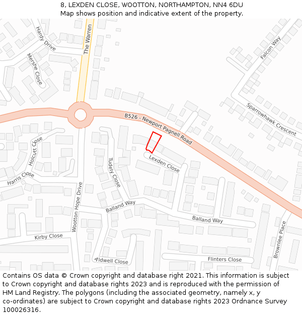 8, LEXDEN CLOSE, WOOTTON, NORTHAMPTON, NN4 6DU: Location map and indicative extent of plot
