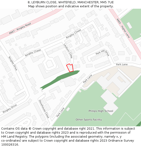 8, LEYBURN CLOSE, WHITEFIELD, MANCHESTER, M45 7UE: Location map and indicative extent of plot
