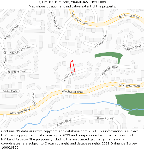 8, LICHFIELD CLOSE, GRANTHAM, NG31 8RS: Location map and indicative extent of plot