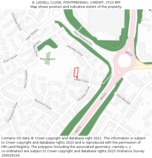 8, LIDDELL CLOSE, PONTPRENNAU, CARDIFF, CF23 8PF: Location map and indicative extent of plot