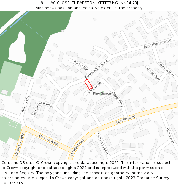 8, LILAC CLOSE, THRAPSTON, KETTERING, NN14 4RJ: Location map and indicative extent of plot