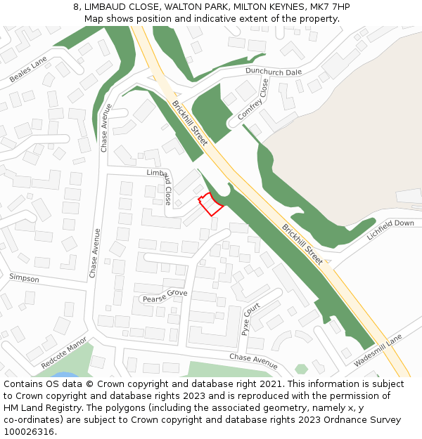 8, LIMBAUD CLOSE, WALTON PARK, MILTON KEYNES, MK7 7HP: Location map and indicative extent of plot