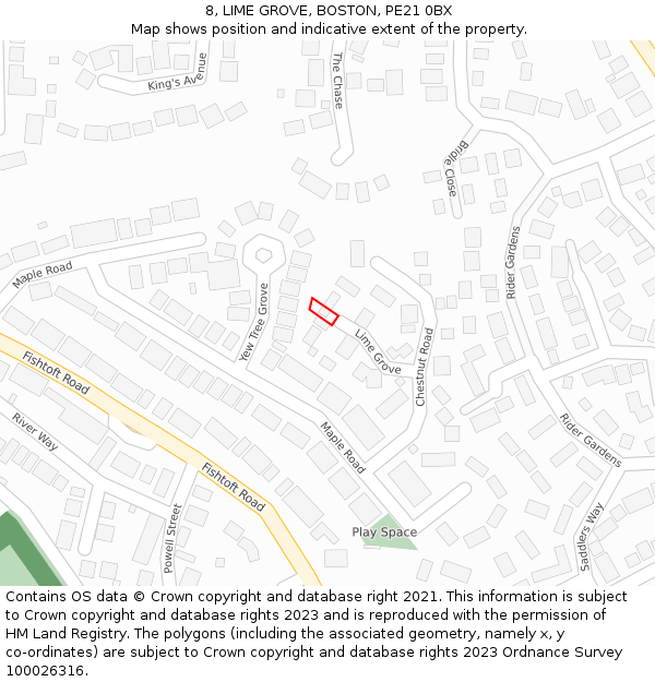 8, LIME GROVE, BOSTON, PE21 0BX: Location map and indicative extent of plot