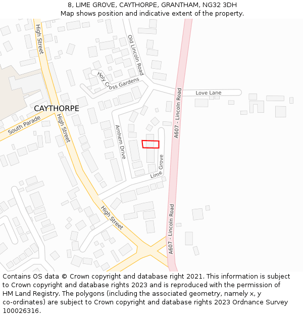 8, LIME GROVE, CAYTHORPE, GRANTHAM, NG32 3DH: Location map and indicative extent of plot