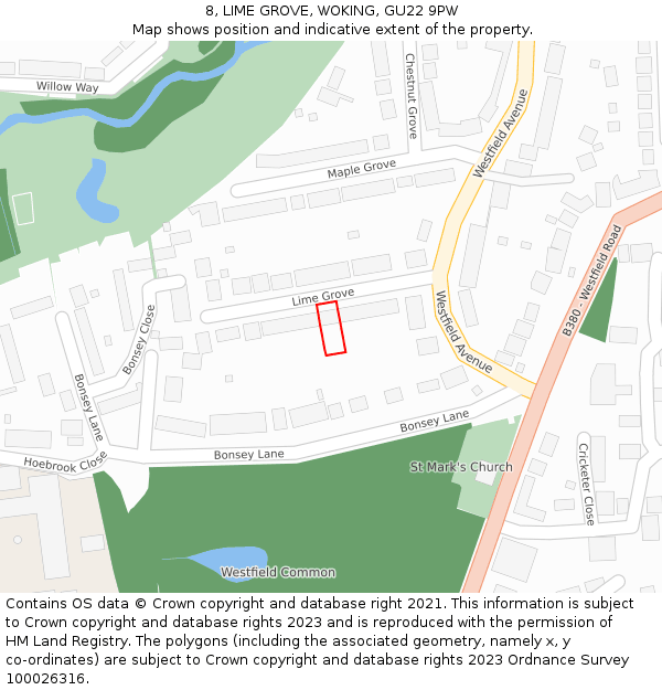 8, LIME GROVE, WOKING, GU22 9PW: Location map and indicative extent of plot