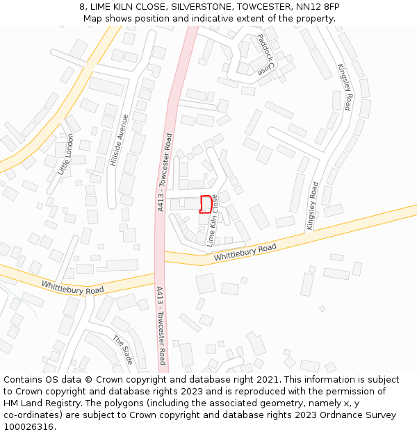 8, LIME KILN CLOSE, SILVERSTONE, TOWCESTER, NN12 8FP: Location map and indicative extent of plot