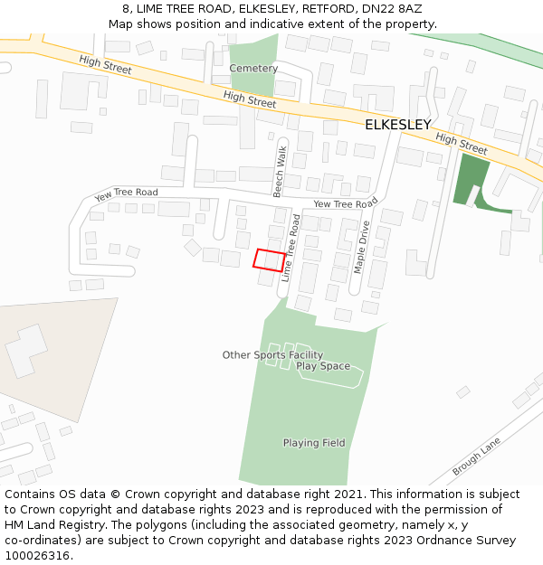 8, LIME TREE ROAD, ELKESLEY, RETFORD, DN22 8AZ: Location map and indicative extent of plot