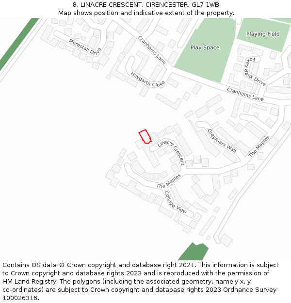 8, LINACRE CRESCENT, CIRENCESTER, GL7 1WB: Location map and indicative extent of plot