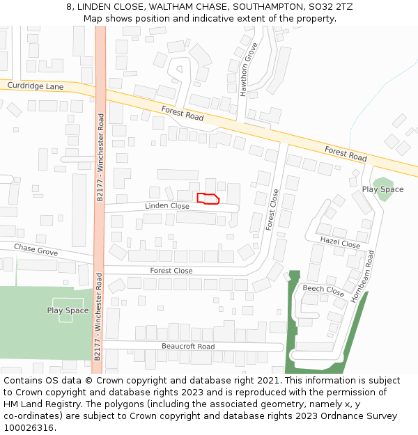 8, LINDEN CLOSE, WALTHAM CHASE, SOUTHAMPTON, SO32 2TZ: Location map and indicative extent of plot