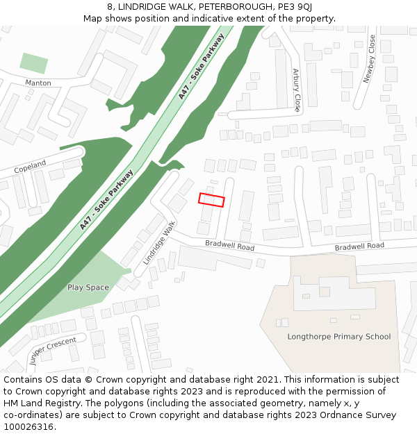 8, LINDRIDGE WALK, PETERBOROUGH, PE3 9QJ: Location map and indicative extent of plot