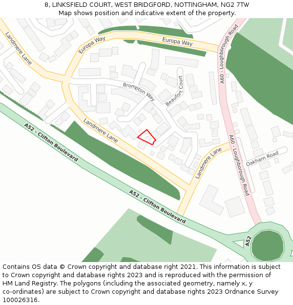 8, LINKSFIELD COURT, WEST BRIDGFORD, NOTTINGHAM, NG2 7TW: Location map and indicative extent of plot