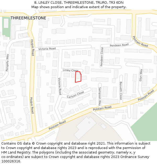 8, LINLEY CLOSE, THREEMILESTONE, TRURO, TR3 6DN: Location map and indicative extent of plot