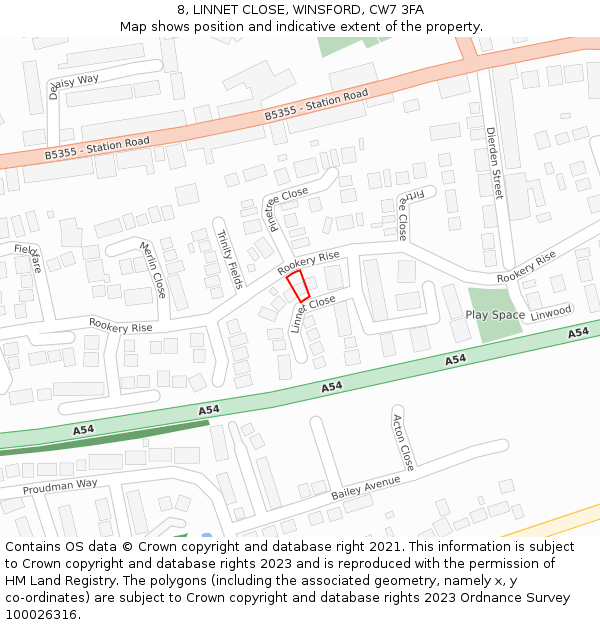 8, LINNET CLOSE, WINSFORD, CW7 3FA: Location map and indicative extent of plot