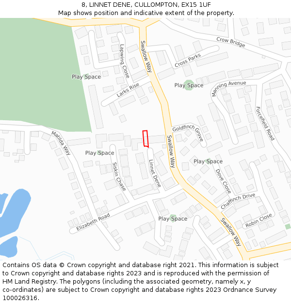 8, LINNET DENE, CULLOMPTON, EX15 1UF: Location map and indicative extent of plot