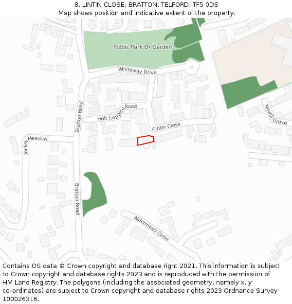 8, LINTIN CLOSE, BRATTON, TELFORD, TF5 0DS: Location map and indicative extent of plot