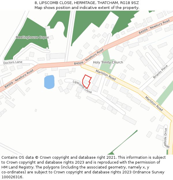 8, LIPSCOMB CLOSE, HERMITAGE, THATCHAM, RG18 9SZ: Location map and indicative extent of plot