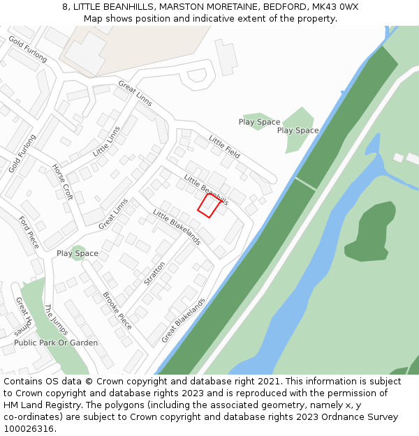 8, LITTLE BEANHILLS, MARSTON MORETAINE, BEDFORD, MK43 0WX: Location map and indicative extent of plot