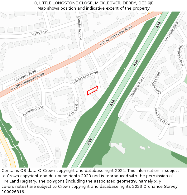 8, LITTLE LONGSTONE CLOSE, MICKLEOVER, DERBY, DE3 9JE: Location map and indicative extent of plot