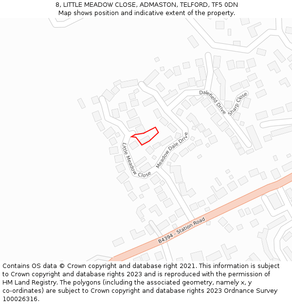 8, LITTLE MEADOW CLOSE, ADMASTON, TELFORD, TF5 0DN: Location map and indicative extent of plot