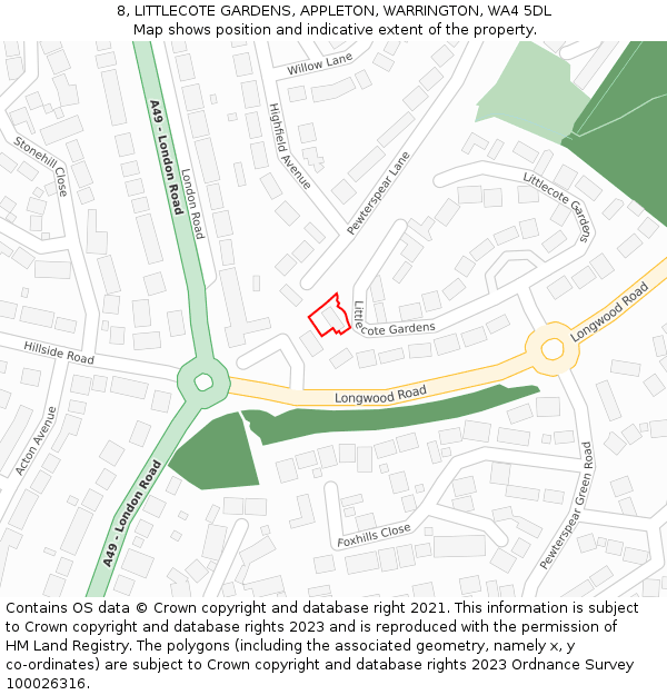 8, LITTLECOTE GARDENS, APPLETON, WARRINGTON, WA4 5DL: Location map and indicative extent of plot