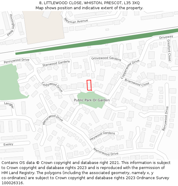 8, LITTLEWOOD CLOSE, WHISTON, PRESCOT, L35 3XQ: Location map and indicative extent of plot