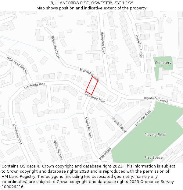 8, LLANFORDA RISE, OSWESTRY, SY11 1SY: Location map and indicative extent of plot