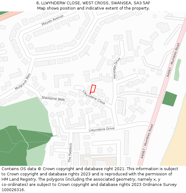 8, LLWYNDERW CLOSE, WEST CROSS, SWANSEA, SA3 5AF: Location map and indicative extent of plot