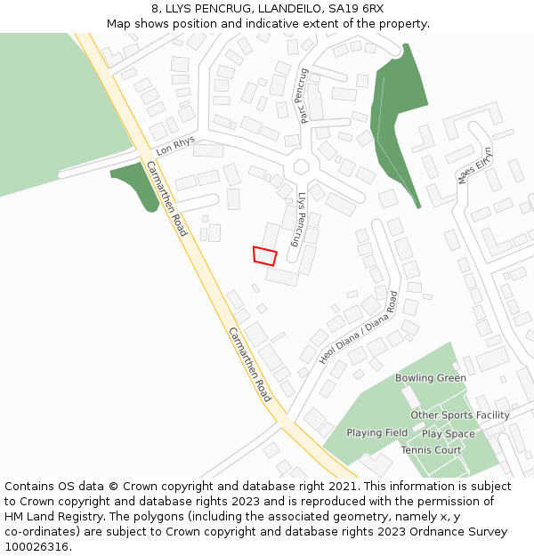8, LLYS PENCRUG, LLANDEILO, SA19 6RX: Location map and indicative extent of plot