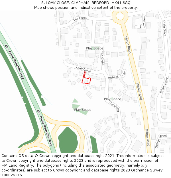 8, LOAK CLOSE, CLAPHAM, BEDFORD, MK41 6GQ: Location map and indicative extent of plot