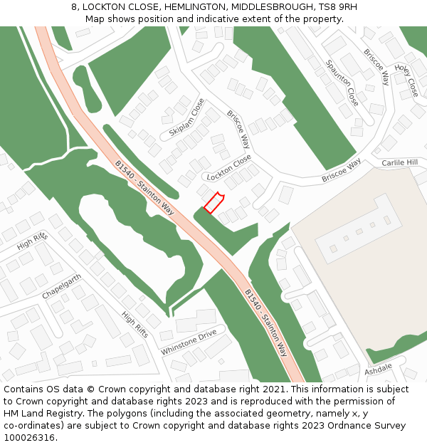 8, LOCKTON CLOSE, HEMLINGTON, MIDDLESBROUGH, TS8 9RH: Location map and indicative extent of plot