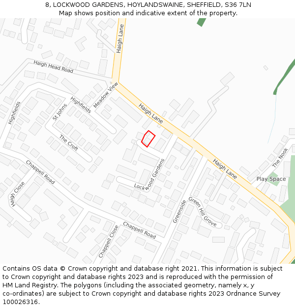 8, LOCKWOOD GARDENS, HOYLANDSWAINE, SHEFFIELD, S36 7LN: Location map and indicative extent of plot