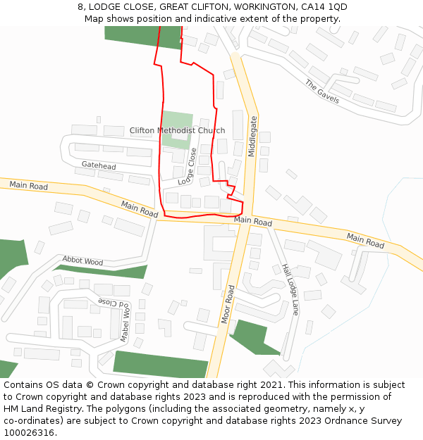 8, LODGE CLOSE, GREAT CLIFTON, WORKINGTON, CA14 1QD: Location map and indicative extent of plot