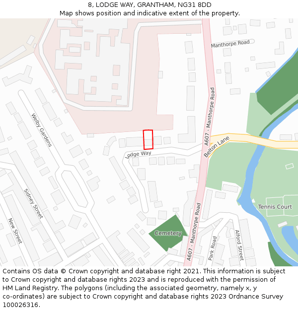 8, LODGE WAY, GRANTHAM, NG31 8DD: Location map and indicative extent of plot
