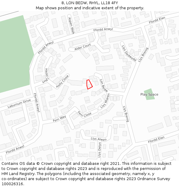 8, LON BEDW, RHYL, LL18 4FY: Location map and indicative extent of plot