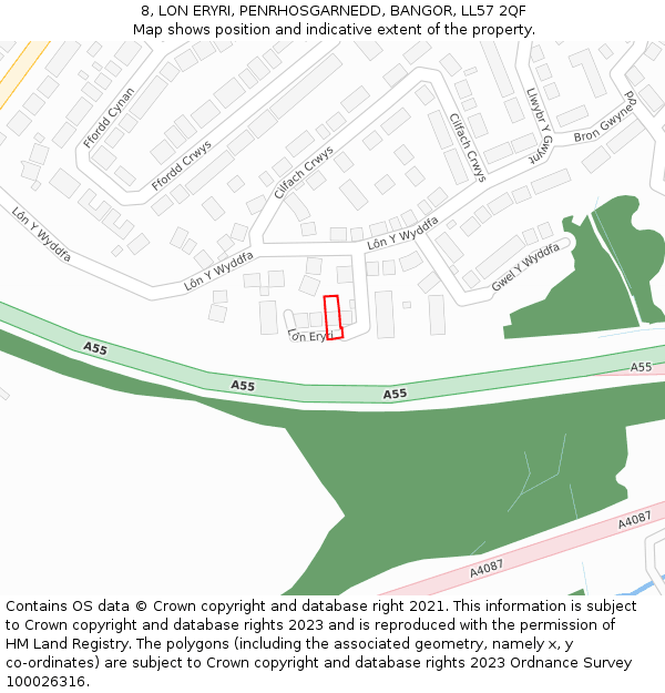 8, LON ERYRI, PENRHOSGARNEDD, BANGOR, LL57 2QF: Location map and indicative extent of plot