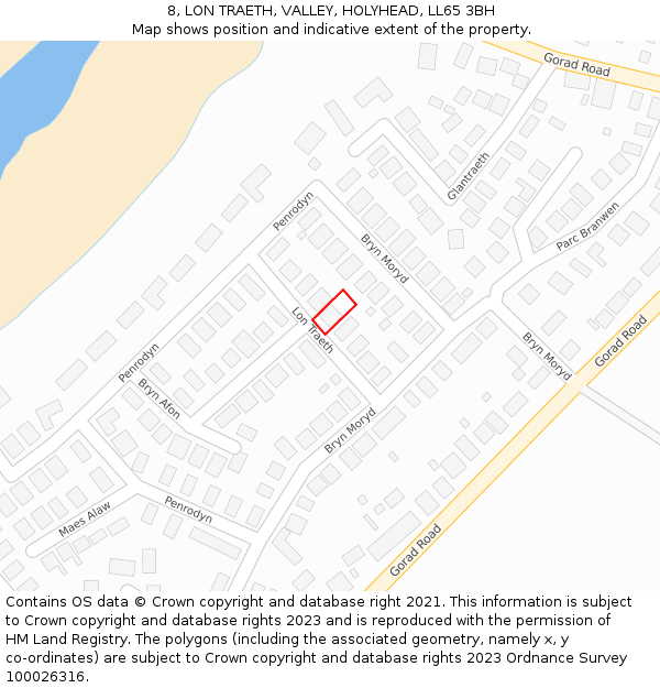8, LON TRAETH, VALLEY, HOLYHEAD, LL65 3BH: Location map and indicative extent of plot