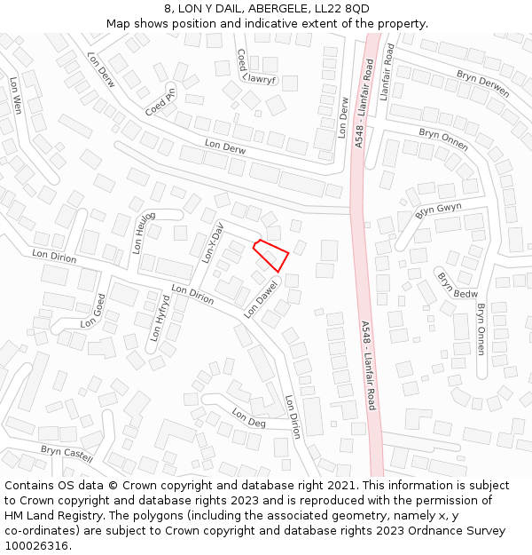 8, LON Y DAIL, ABERGELE, LL22 8QD: Location map and indicative extent of plot