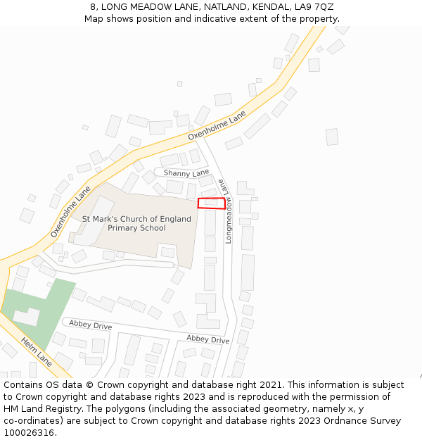8, LONG MEADOW LANE, NATLAND, KENDAL, LA9 7QZ: Location map and indicative extent of plot